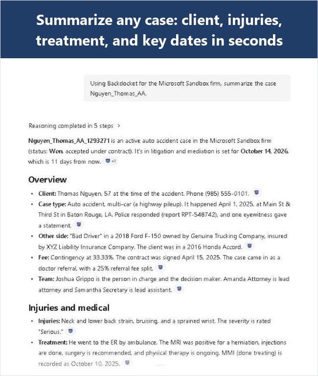 Copilot summarizing a Backdocket case: client, injuries, treatment, and key dates